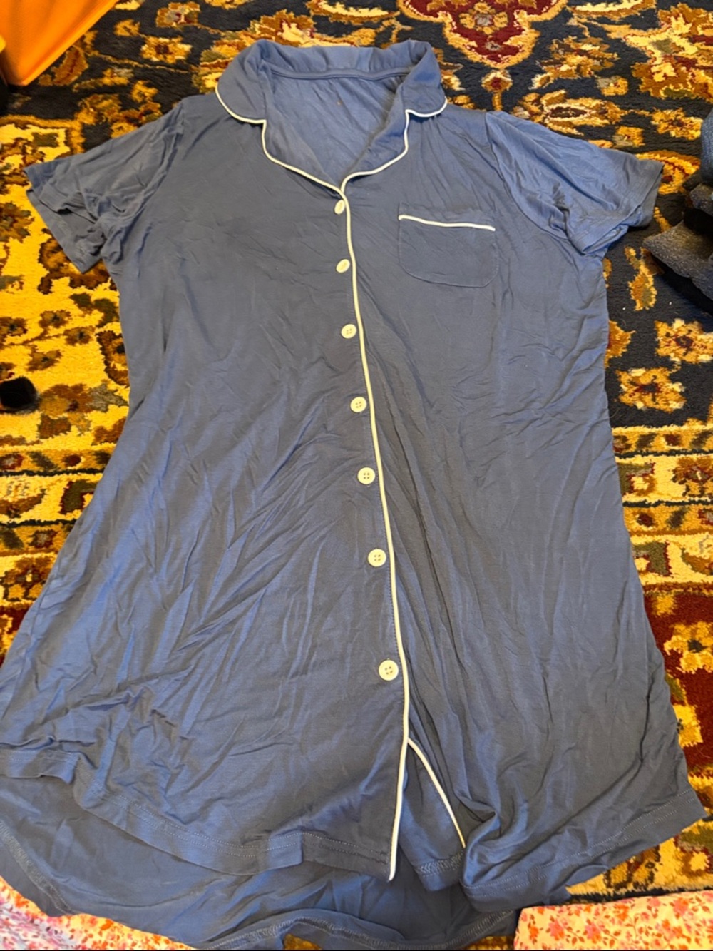 Amazon Women’s Short Sleeve Blue Maternity Pajama Nightshirt w/ Contrast Piping